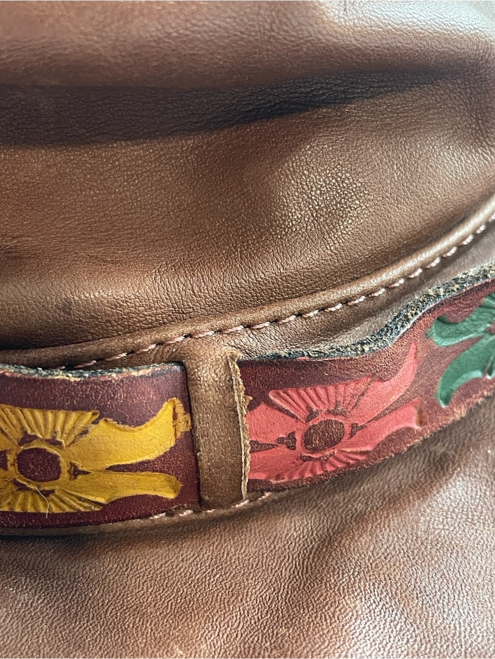 Vintage 70’s Brown Leather Hat with Multicolor Floral Trim - Picture 12 of 13